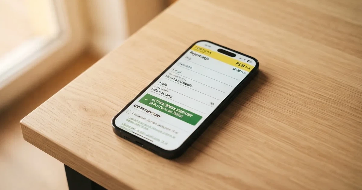 Smartfon z formularzem zakładania konta gracza i zakładką aktywacji środków bonusowych w sekcji konta