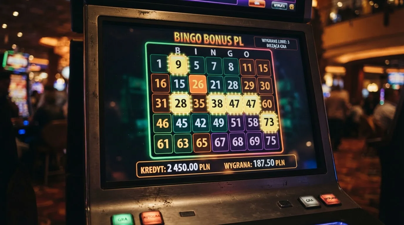 Ekran automatu do gry z kolorową planszą w stylu bingo i podświetlonymi liczbami