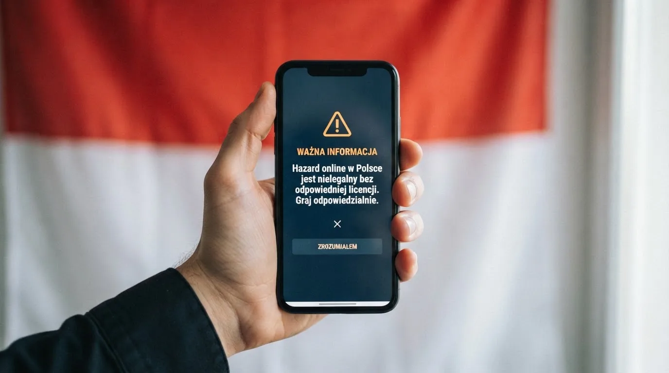 Dłoń trzymająca telefon z widocznym komunikatem ostrzegawczym o legalności hazardu online na tle biało-czerwonej flagi Polski.