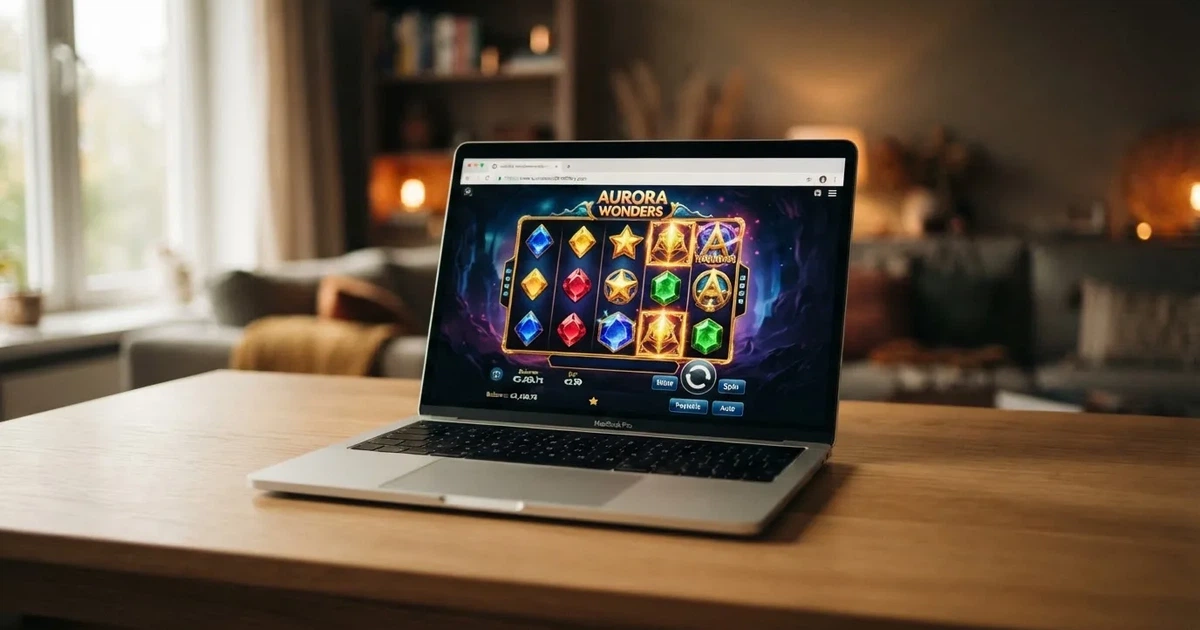 Laptop na biurku z otwartą stroną kasyna internetowego i ikoną kłódki szyfrowania w pasku adresu przeglądarki