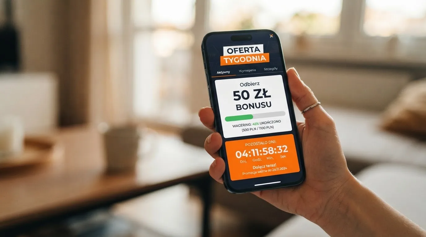Zbliżenie na telefon z listą warunków promocji i licznikiem odliczającym dni do końca oferty
