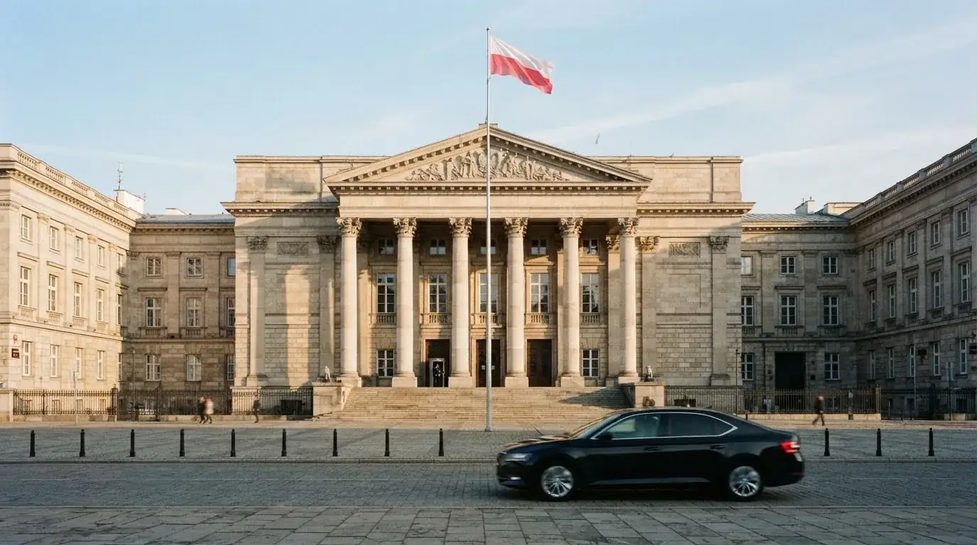 Fasada budynku instytucji państwowej z flagą Polski, symbol nadzoru regulatora nad rynkiem gier hazardowych