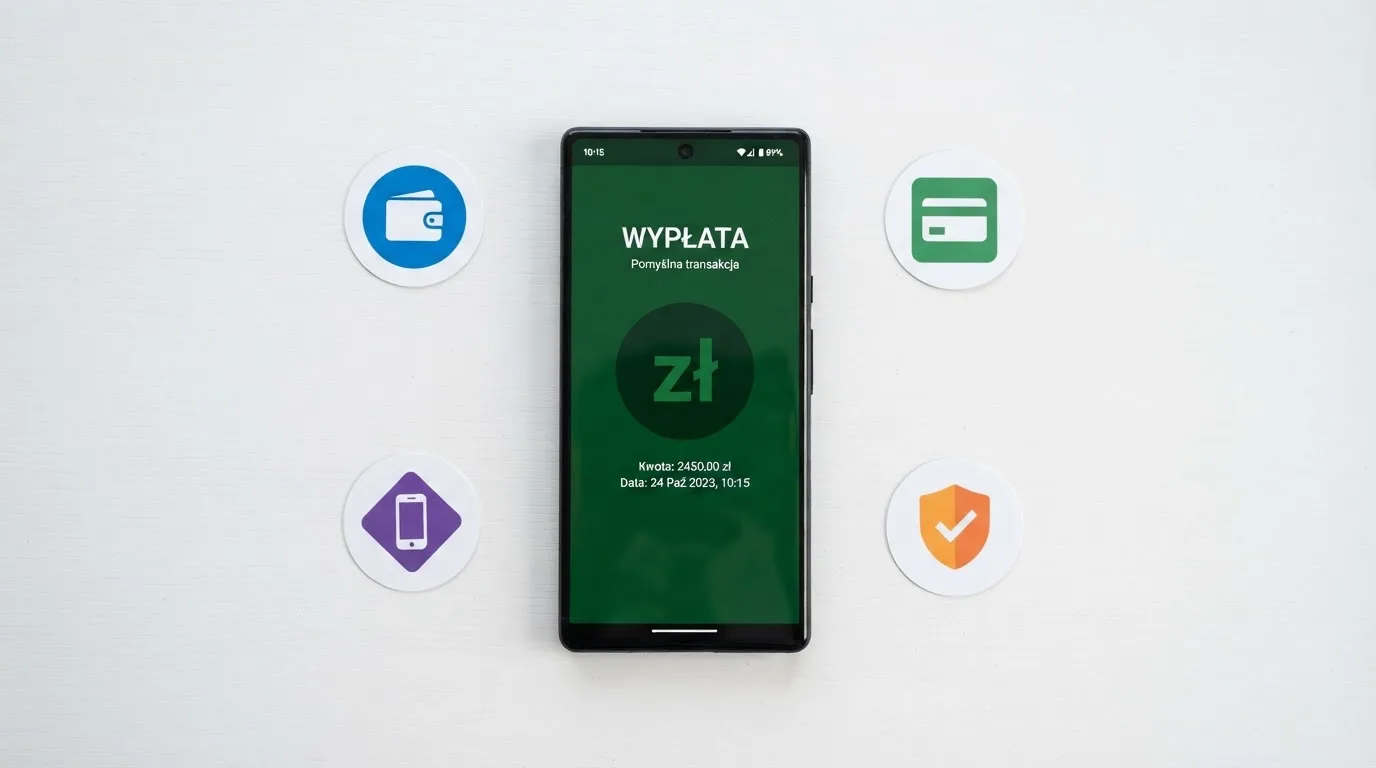 Ikony popularnych elektronicznych portfeli płatniczych obok telefonu z otwartą aplikacją bankową