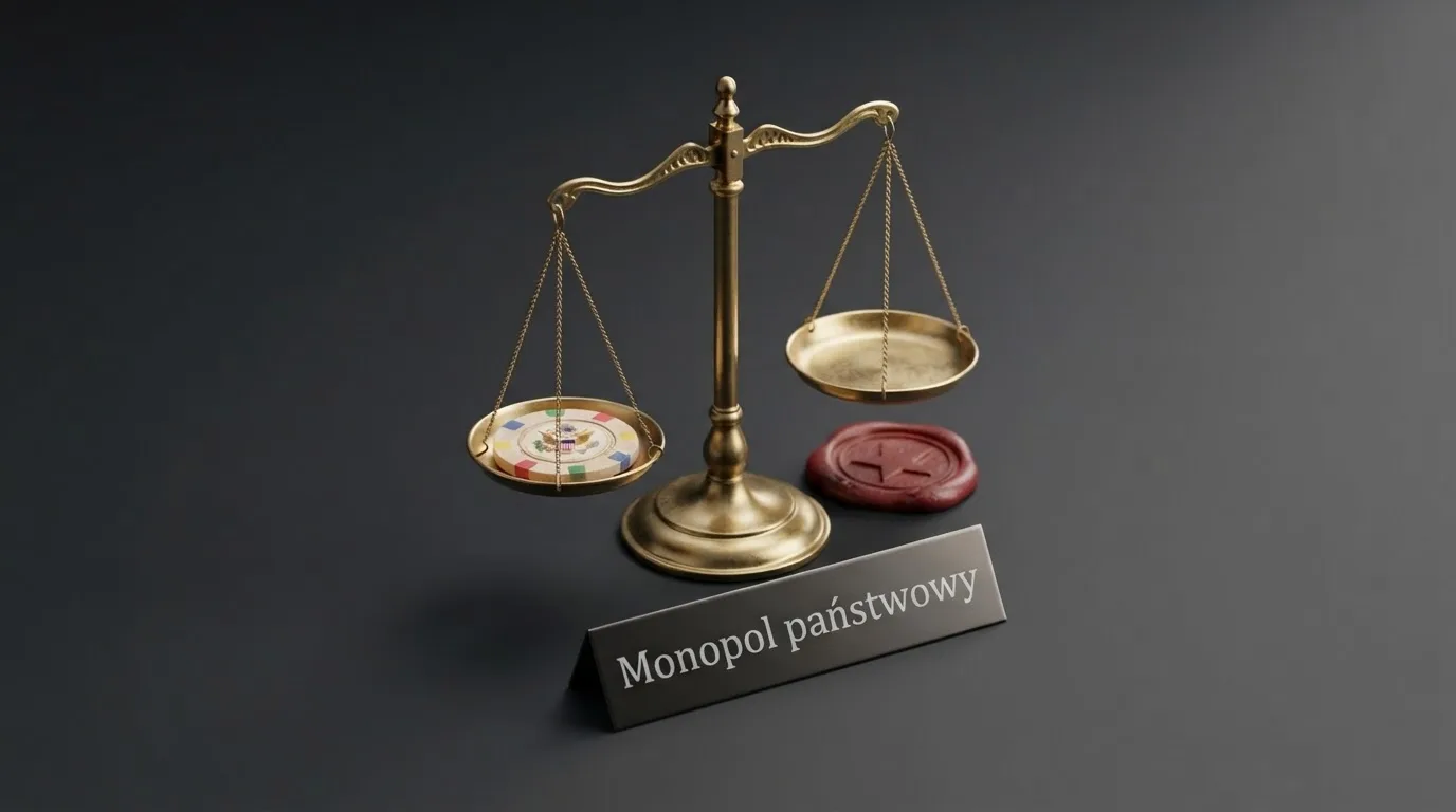 Waga i pieczęć obok napisu o państwowym monopolu na kasyno online