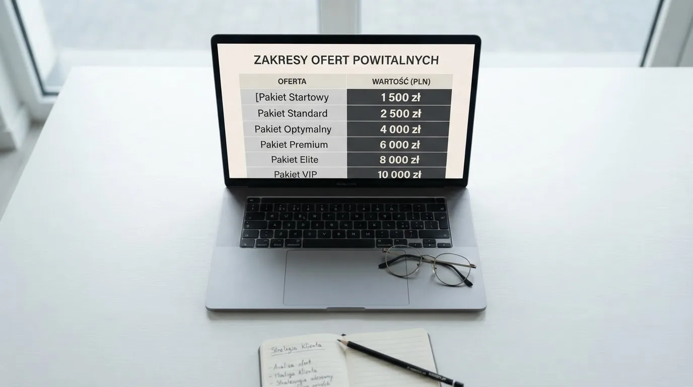 Widok z góry na laptop z otwartą tabelą porównawczą ofert powitalnych kilku serwisów kasynowych