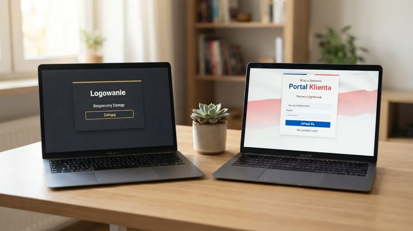 Dwa ekrany logowania kasyna online obok siebie na biurku, jeden z polskim interfejsem złotówkowym, symbolizujące porównanie dwóch różnych serwisów
