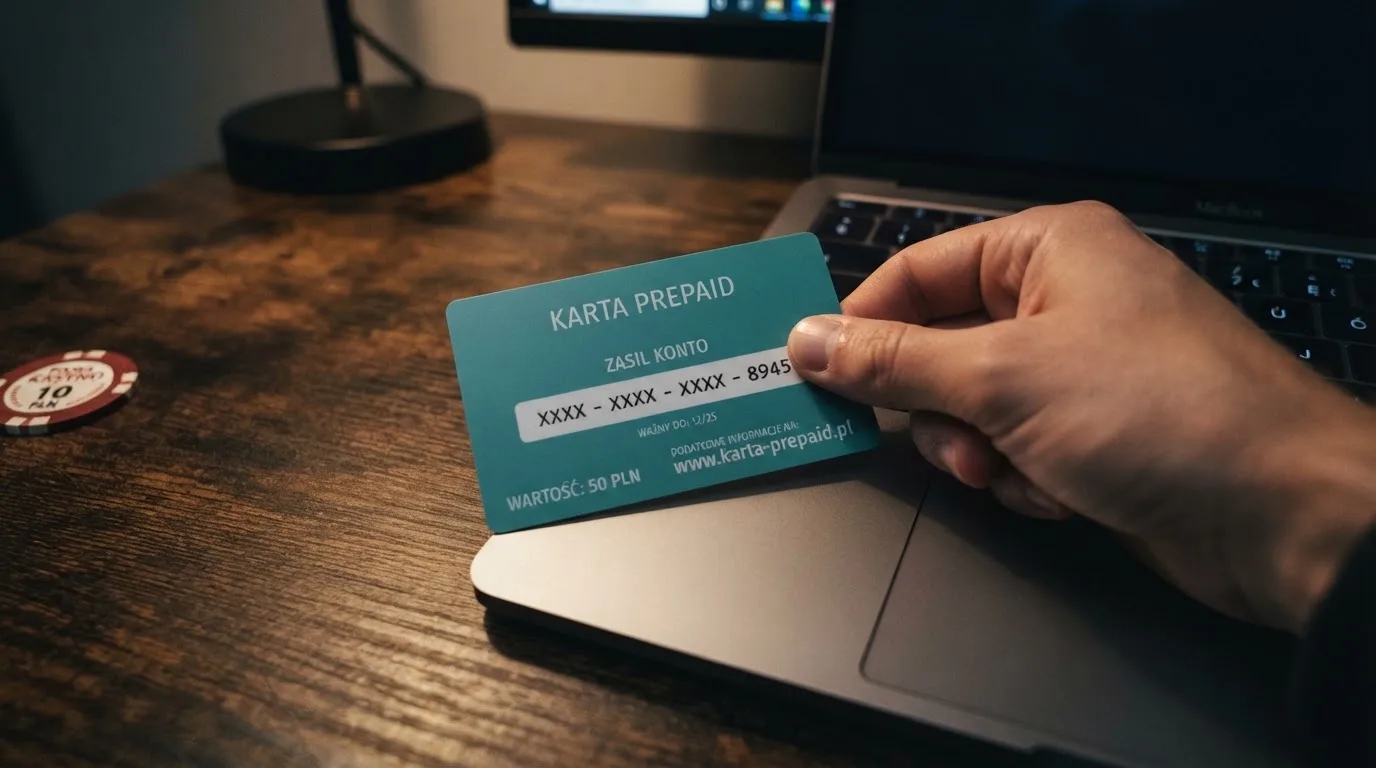 Karta przedpłacona Paysafecard z zasłoniętym polem kodu PIN obok klawiatury laptopa