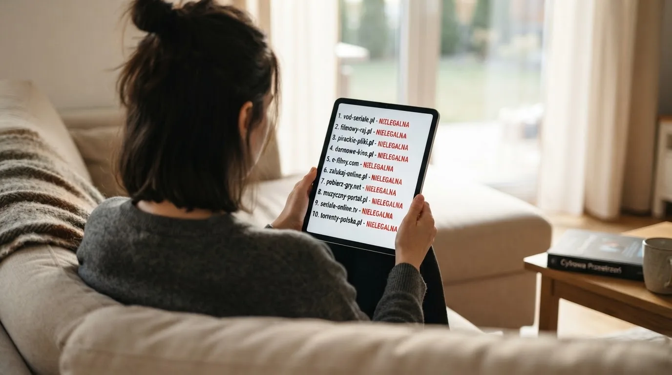 Osoba przeglądająca listę stron internetowych na tablecie siedząc na kanapie, w tle okno.