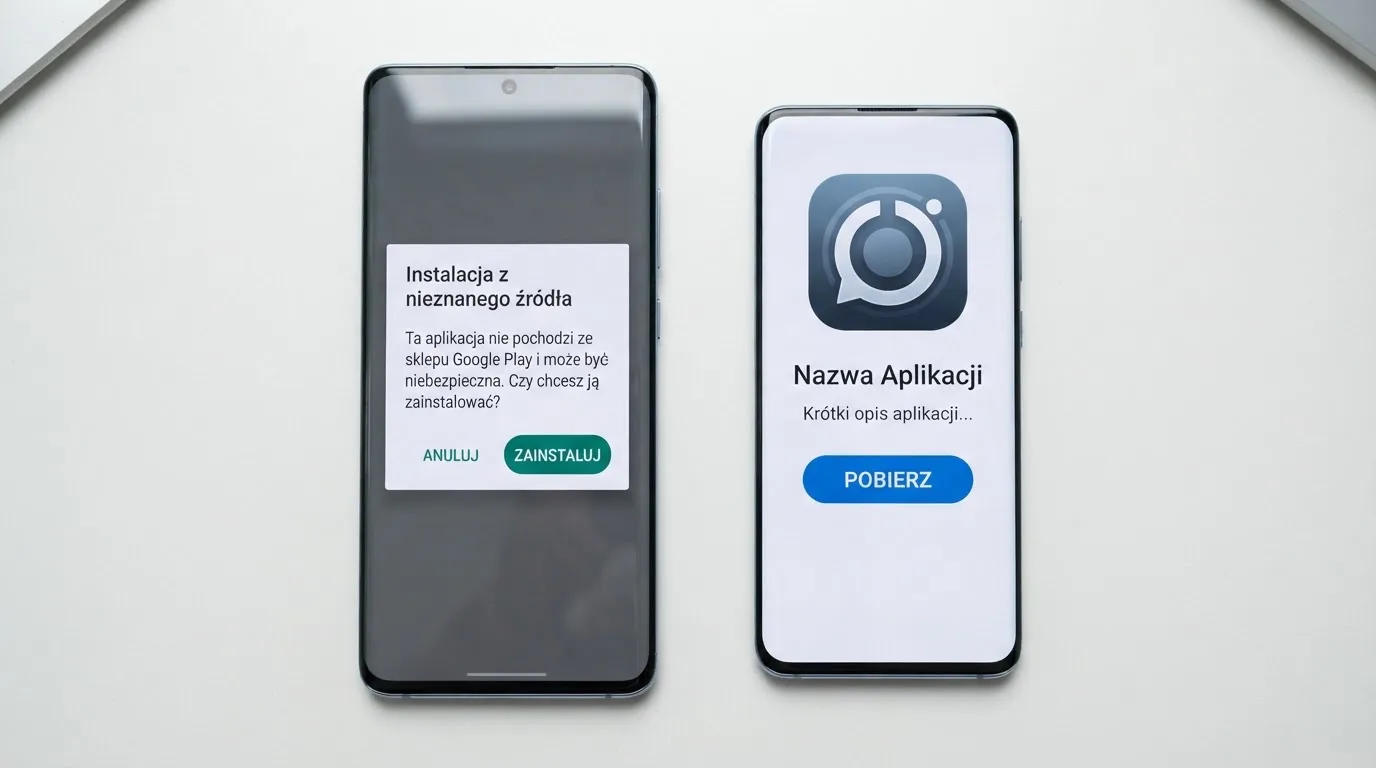 Dwa telefony obok siebie: na jednym komunikat zgody na instalację pliku APK z nieznanego źródła, na drugim strona aplikacji w sklepie z przyciskiem pobierania