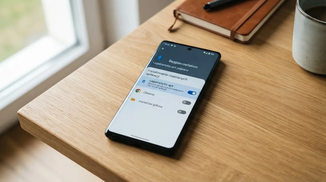 Ekran ustawień Androida z przełącznikiem zgody na instalację aplikacji z nieznanego źródła i pobranym plikiem instalacyjnym na liście