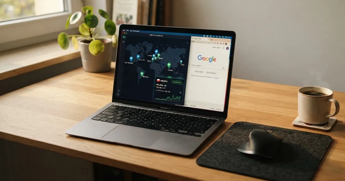 Laptop na biurku z włączoną aplikacją VPN i mapą serwerów w kilku krajach obok otwartej przeglądarki