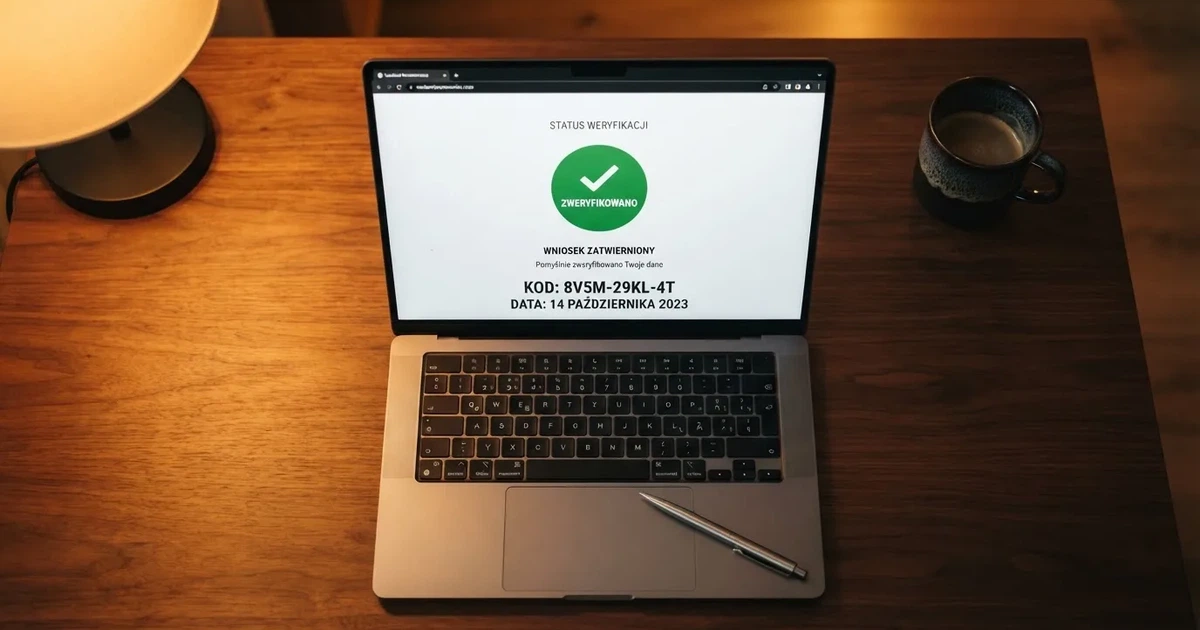 Zbliżenie ekranu z wynikiem wyszukiwania certyfikatu licencji na oficjalnym portalu regulatora, z widocznym numerem licencji i statusem