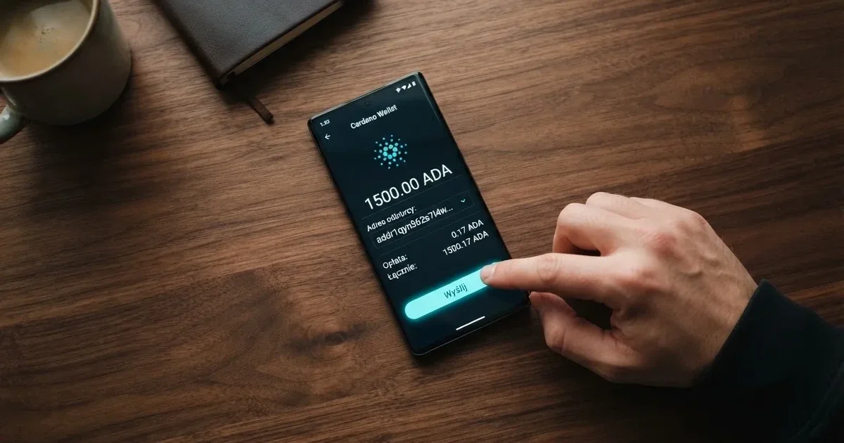 Ekran aplikacji portfela kryptowalutowego w trakcie wysyłania przelewu w sieci Cardano (ADA)