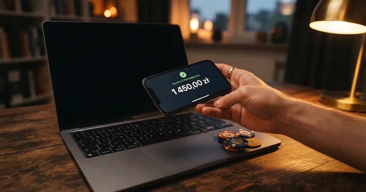 Dłoń trzymająca smartfon z ekranem płatności mobilnej nad klawiaturą laptopa