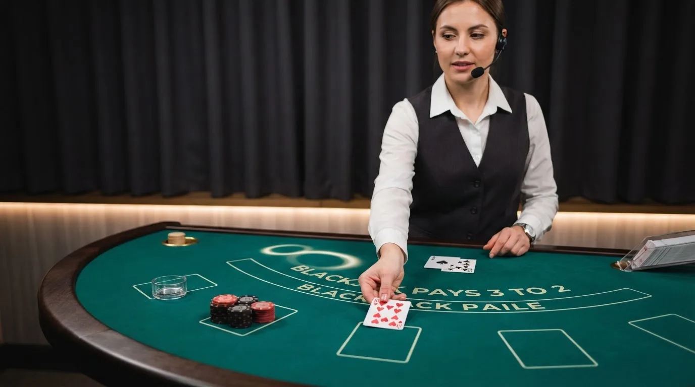 Krupier rozdający karty przy stole blackjacka podczas transmisji na żywo