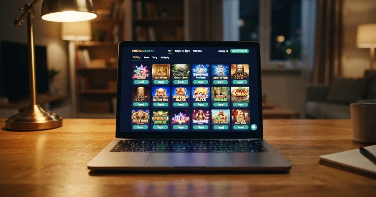 widok lobby wirtualnego kasyna na ekranie laptopa z rzędami ikon gier automatów
