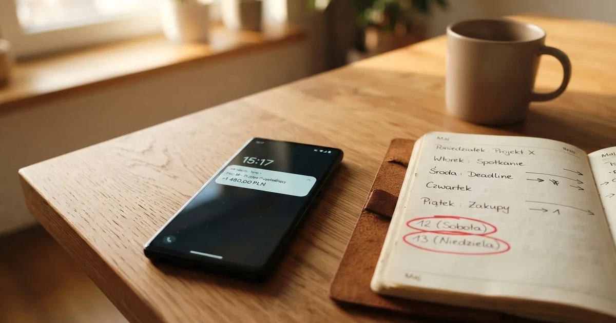Smartfon z powiadomieniem o zaksięgowanym przelewie przychodzącym, obok papierowy kalendarz z zakreśloną sobotą i niedzielą