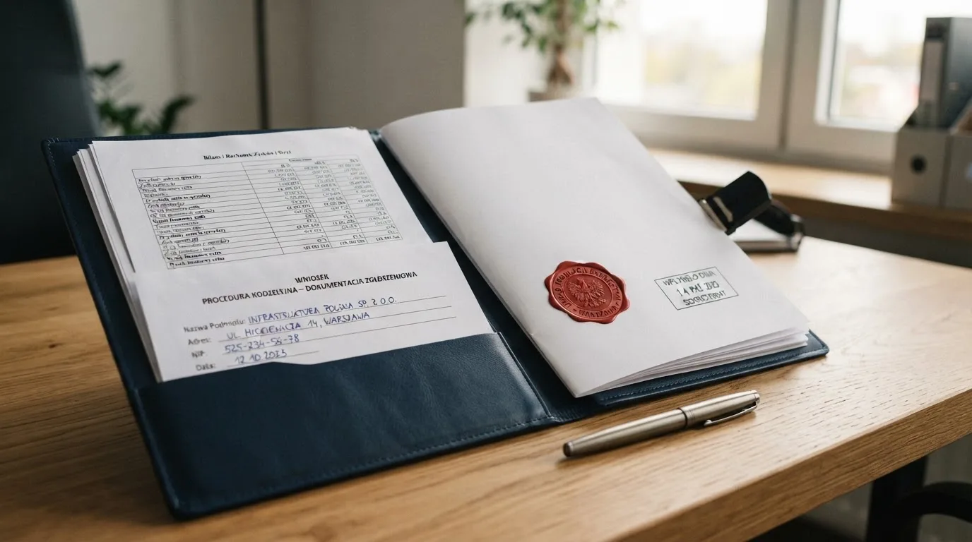 Segregator z wnioskiem o koncesję na kasyno gry, wydrukiem sprawozdania finansowego i urzędową pieczątką leżący na biurku