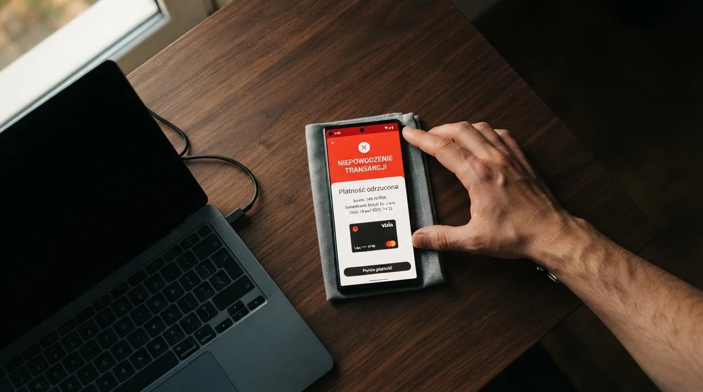 Smartfon z otwartym portfelem kryptowalut i komunikatem o odrzuconej płatności leżący obok laptopa