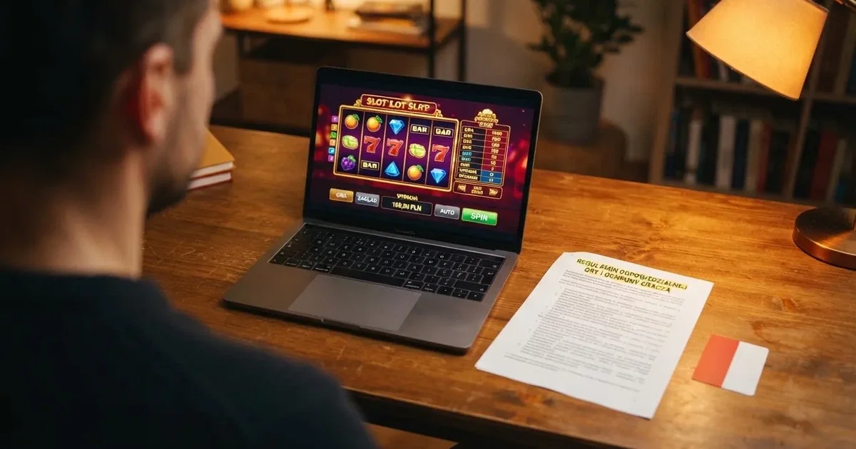Laptop na biurku z otwartym serwisem kasyna internetowego obok wydruku ustawy o grach hazardowych i polskiego dowodu osobistego