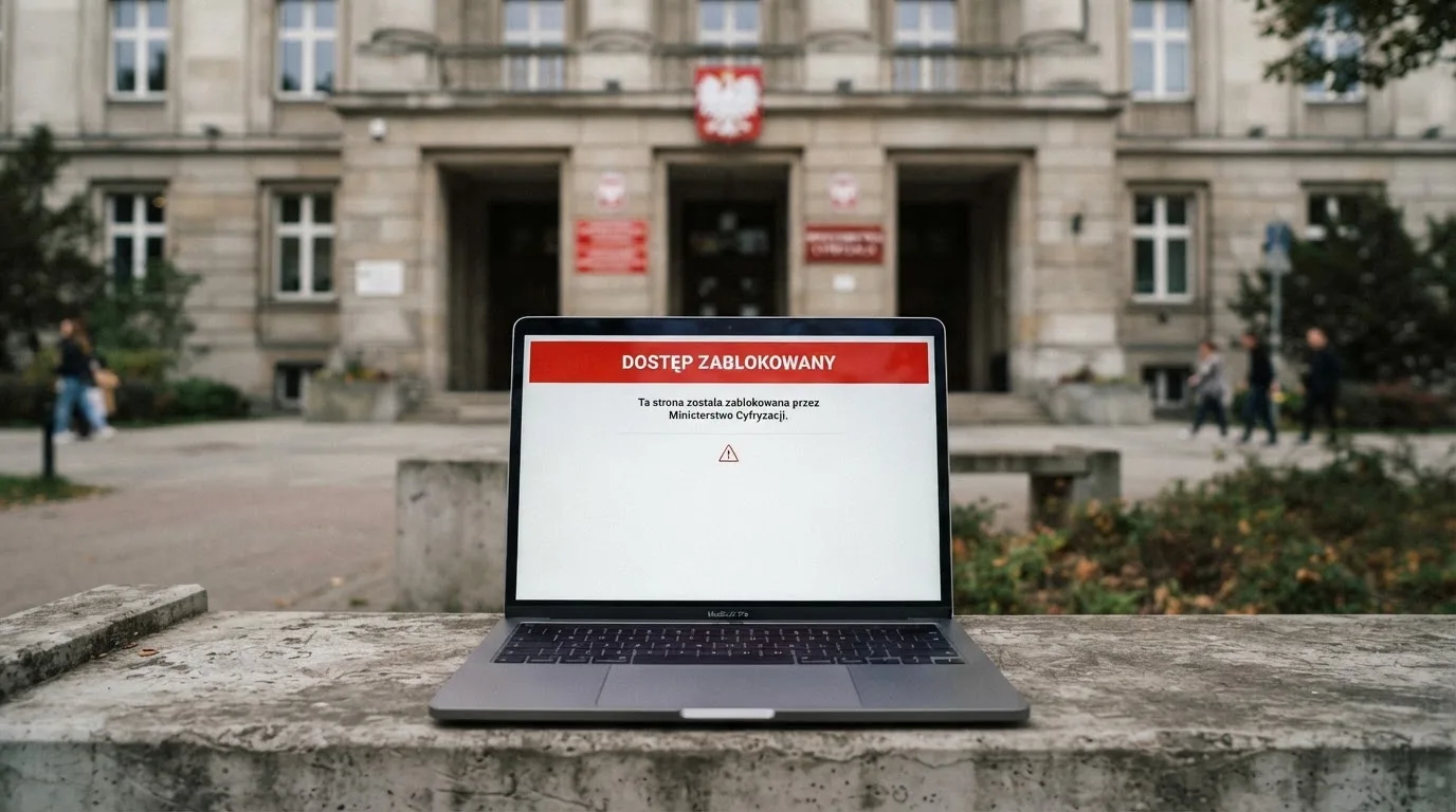 Budynek urzędu z tablicą ministerstwa, na pierwszym planie laptop z komunikatem o zablokowanej stronie kasyna