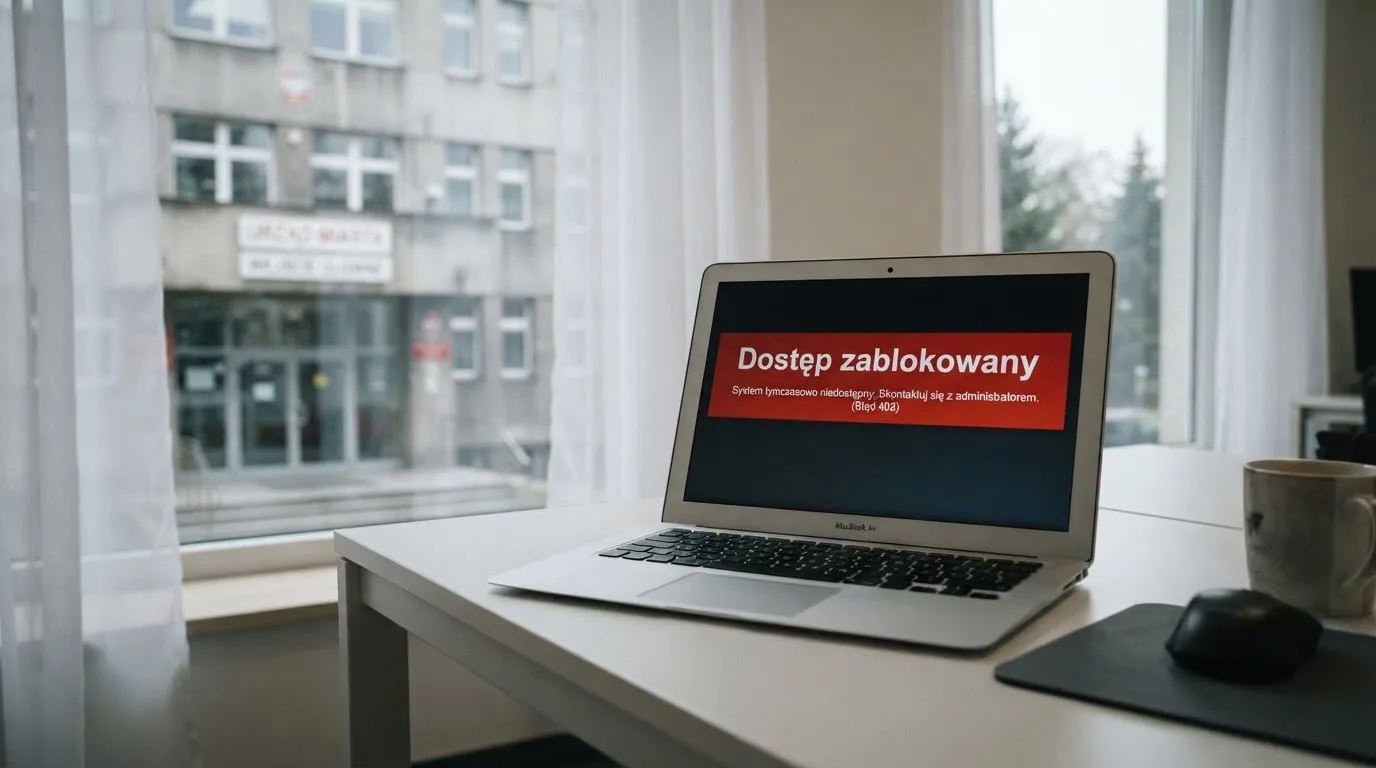 Laptop z komunikatem o zablokowanej stronie hazardowej, w tle budynek urzędu z tablicą ministerstwa