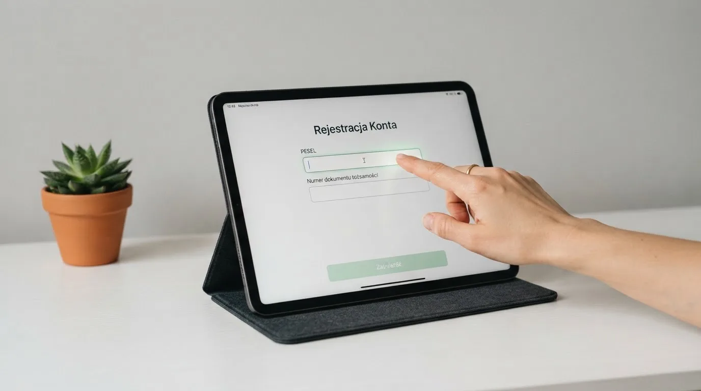 Formularz rejestracji konta gracza z polami na PESEL i numer dokumentu tożsamości na ekranie tabletu