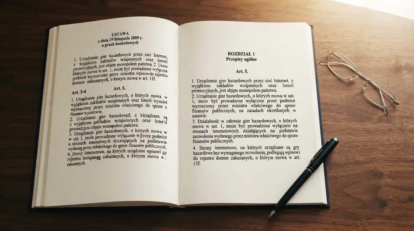 Wydrukowany tekst ustawy o grach hazardowych otwarty na artykule 5, obok okularów i długopisu na biurku
