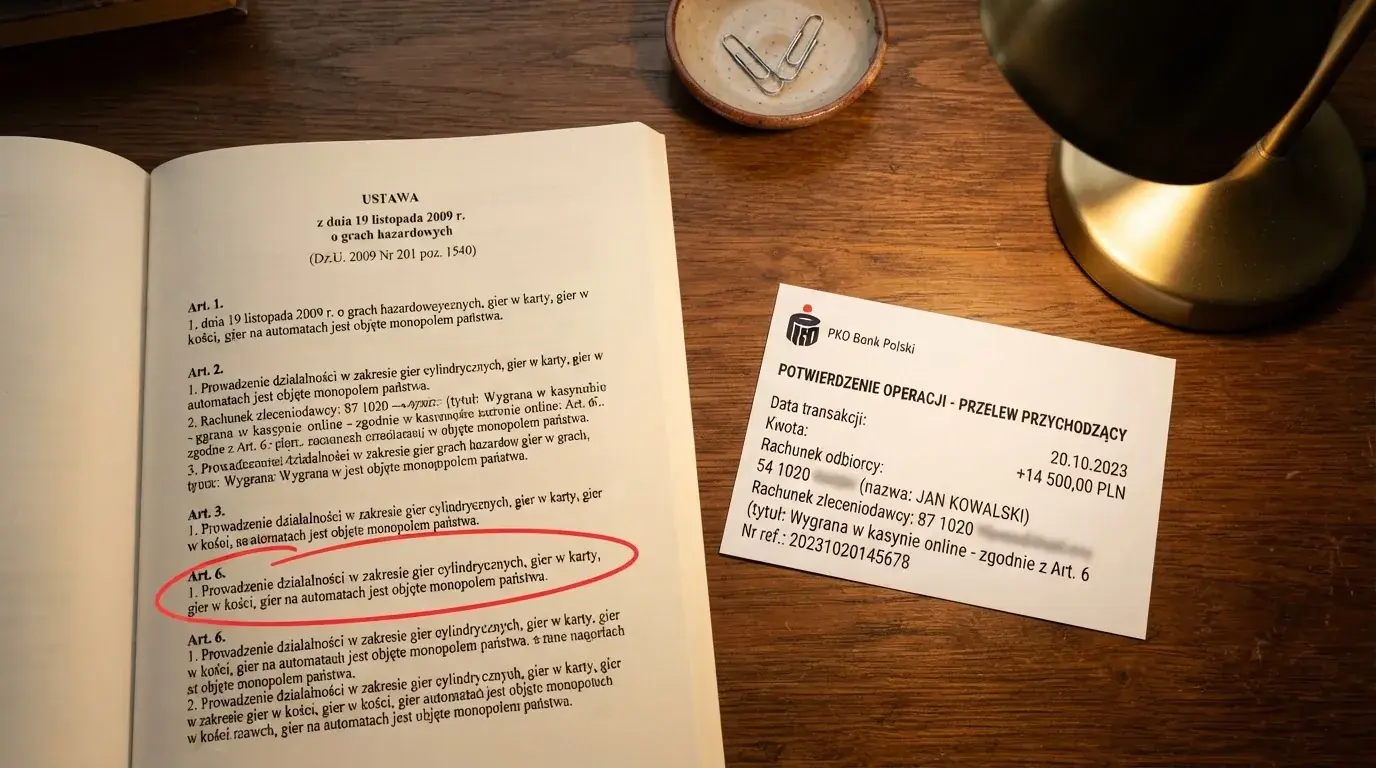 Otwarty tekst ustawy o grach hazardowych z zakreślonym artykułem, obok wydruku potwierdzenia przelewu wygranej