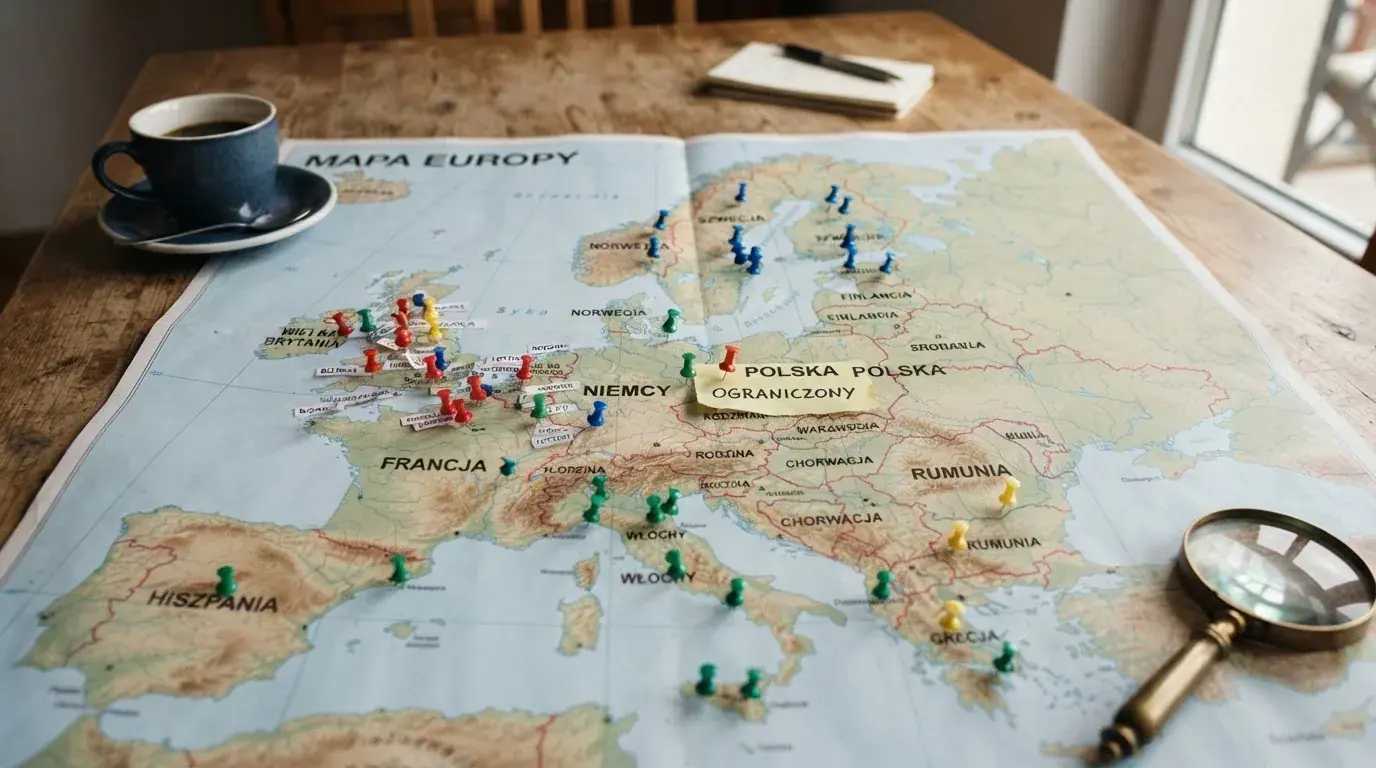 Mapa Europy z przypiętymi kolorowymi pinezkami na różnych krajach, rozłożona na stole.