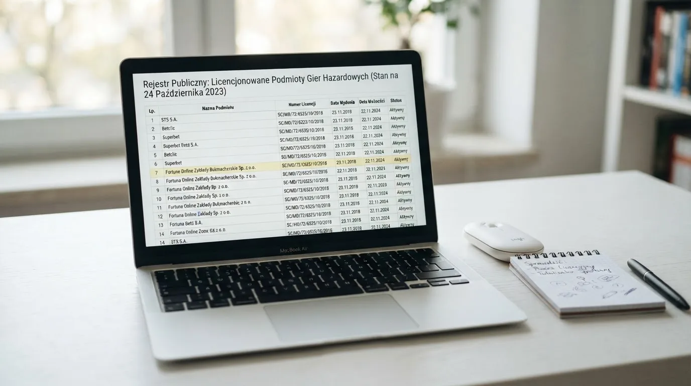 Ekran laptopa z otwartym rejestrem licencji regulatora z Curaçao, w którym jeden wiersz zaznaczono żółtym podświetleniem