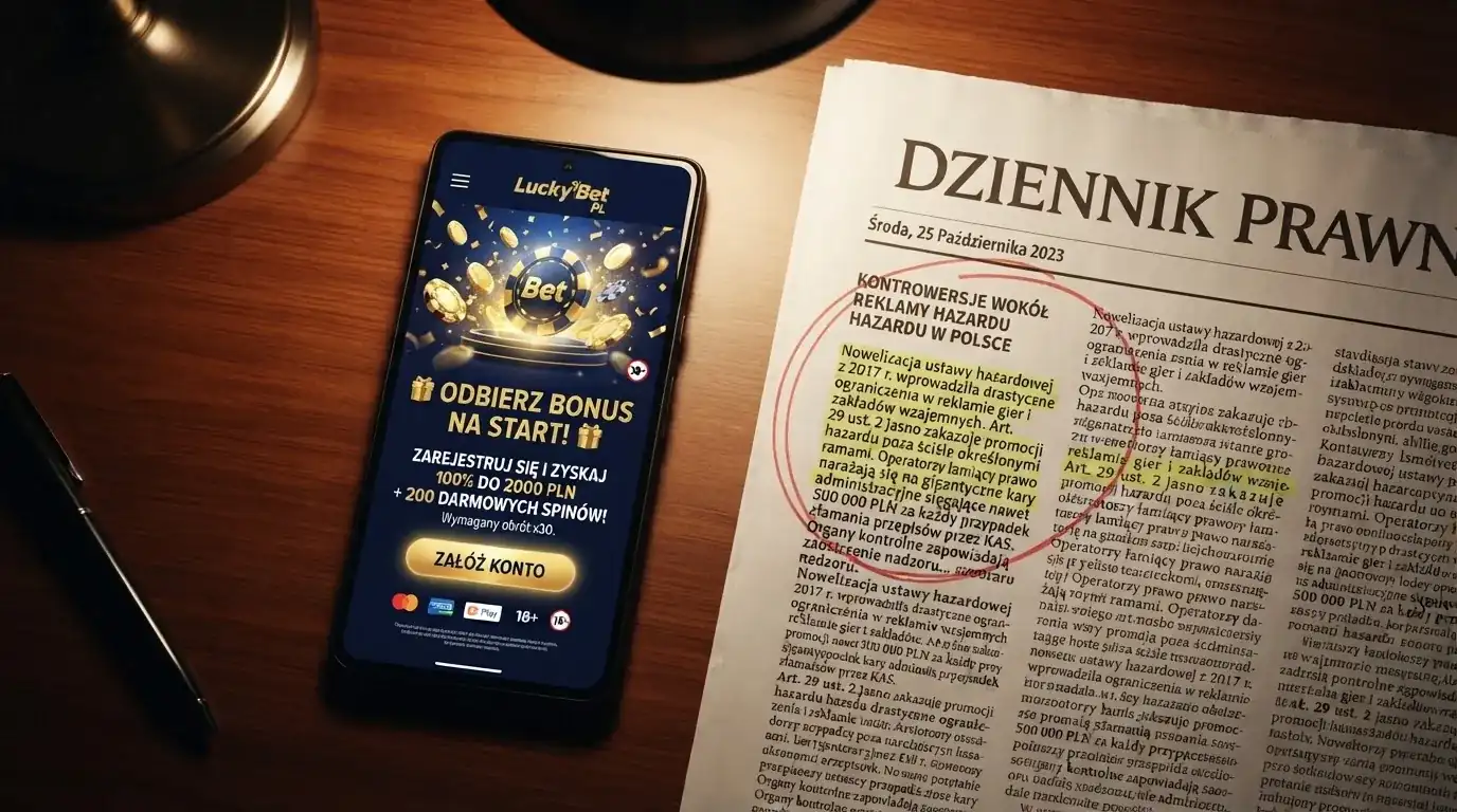 Telefon z banerem obiecującym darmowe złotówki za założenie konta, obok wydrukowany tekst ustawy o grach hazardowych z zaznaczonym artykułem