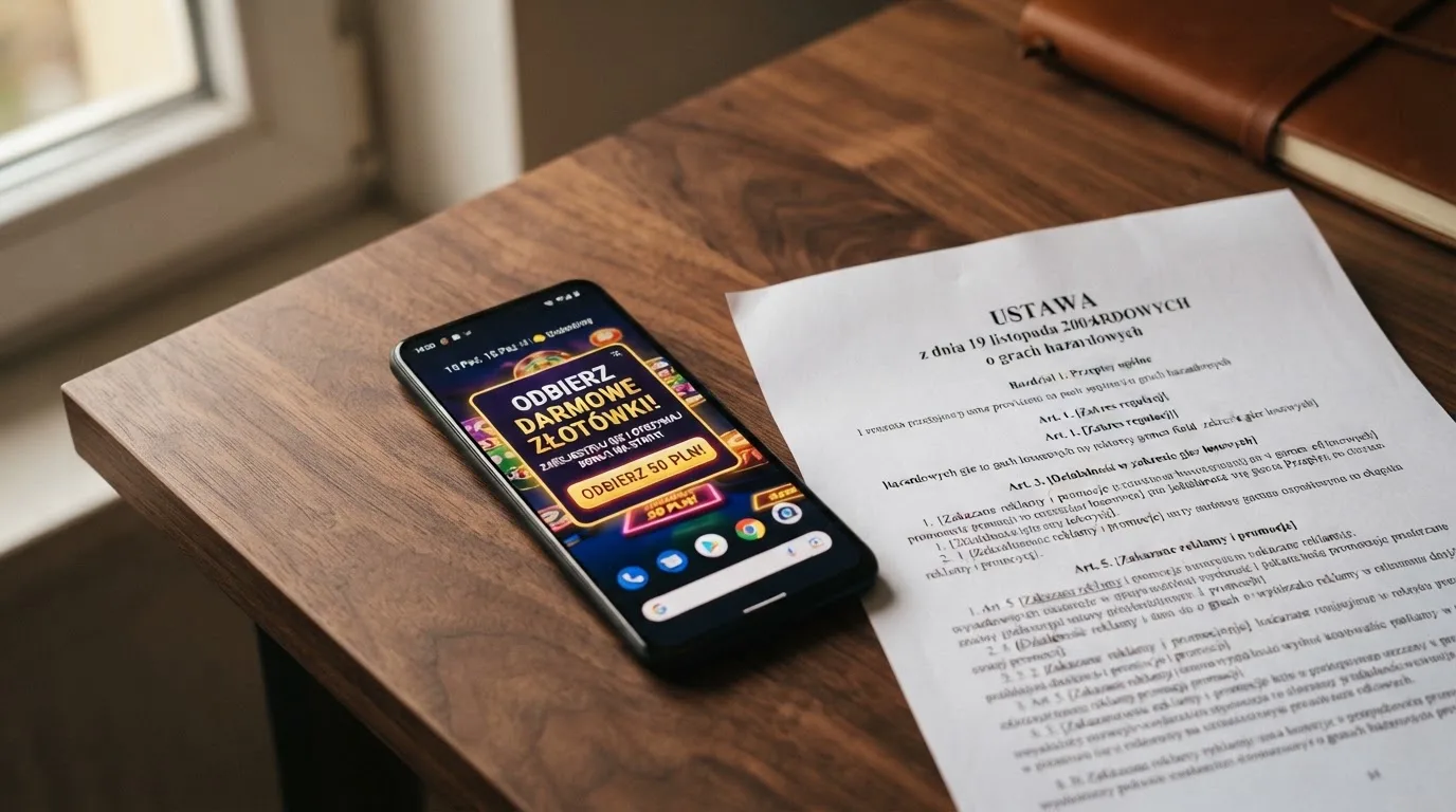Telefon z wyskakującym banerem obiecującym darmowe złotówki za rejestrację, obok wydruk ustawy o grach hazardowych