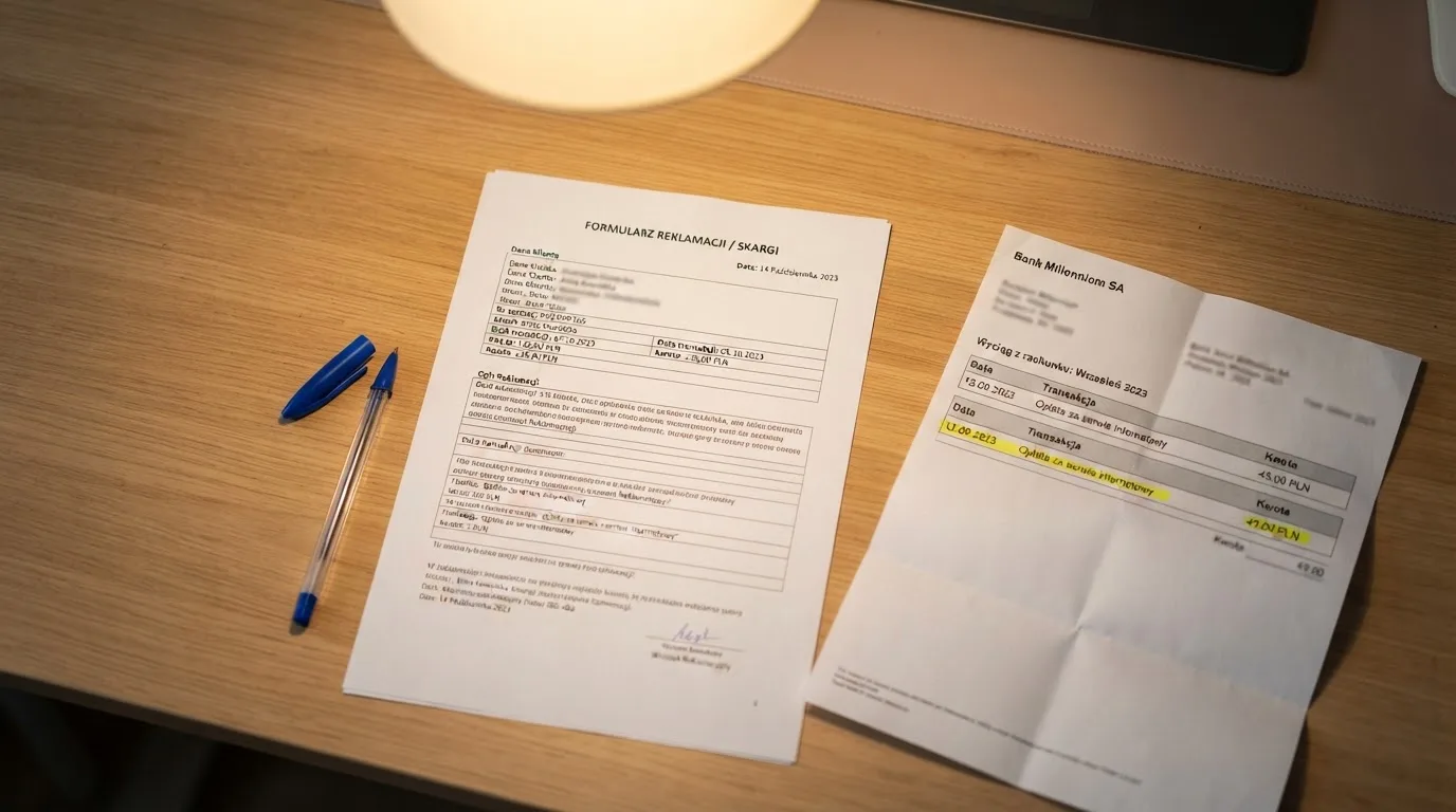 Wydrukowany formularz reklamacji leżący na biurku obok długopisu i wyciągu bankowego z zakreśloną pozycją