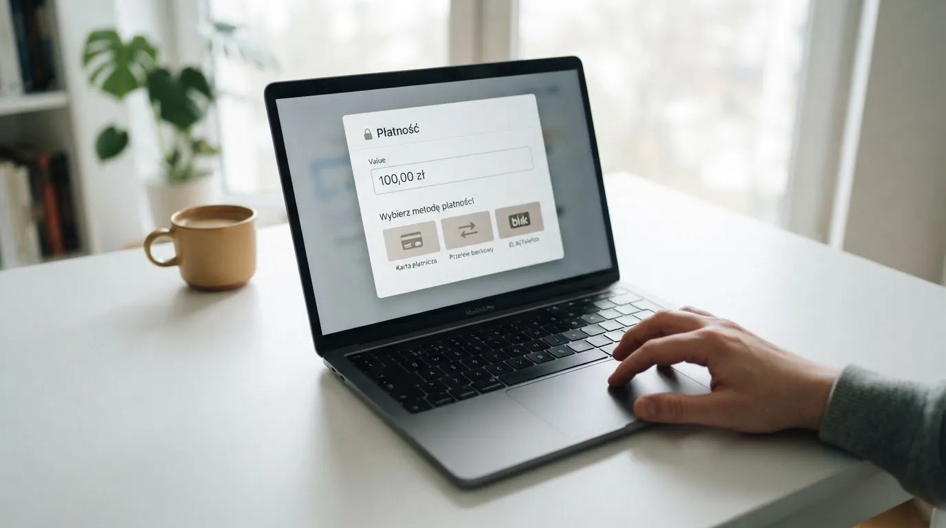 Laptop z oknem wpłaty na ePortfel, wpisana kwota 100 zł i lista metod: BLIK, karta płatnicza, szybki przelew