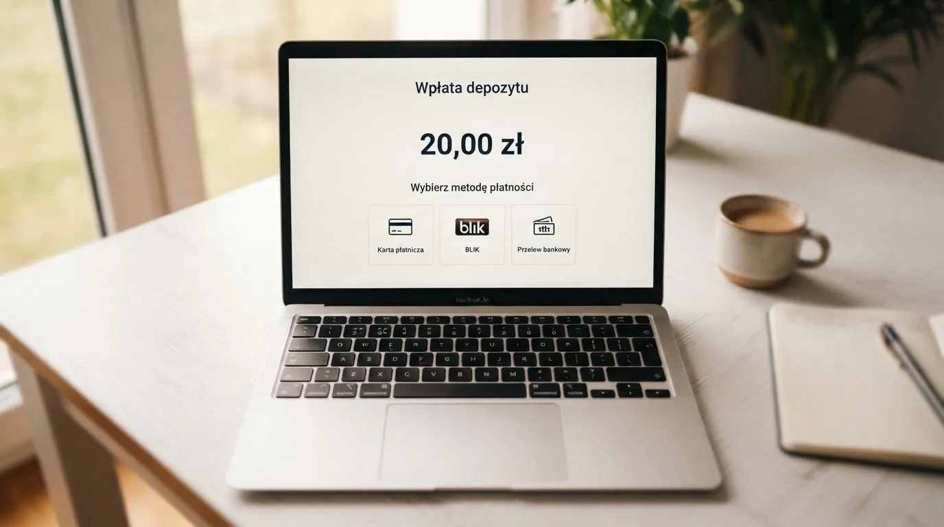 Laptop z otwartym formularzem wpłaty na kwotę 20 zł i wyborem między szybkim przelewem, kartą płatniczą a BLIK-iem